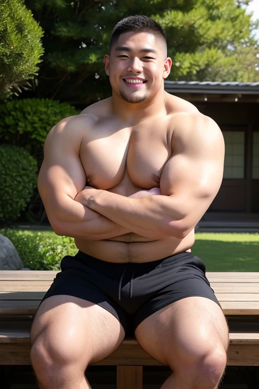 ((highest quality)), ((masterpiece)), (detailed), ((Perfect Face)), 4k, Shaved head, Young Japanese, Muscular, Fat body, Very big man, smile, ((showing off crotch))A large Japanese man topless、whole body、Rugby、Thick legs、Thick arm muscles、Intimidating、whole body、wearing a very tight black shorts