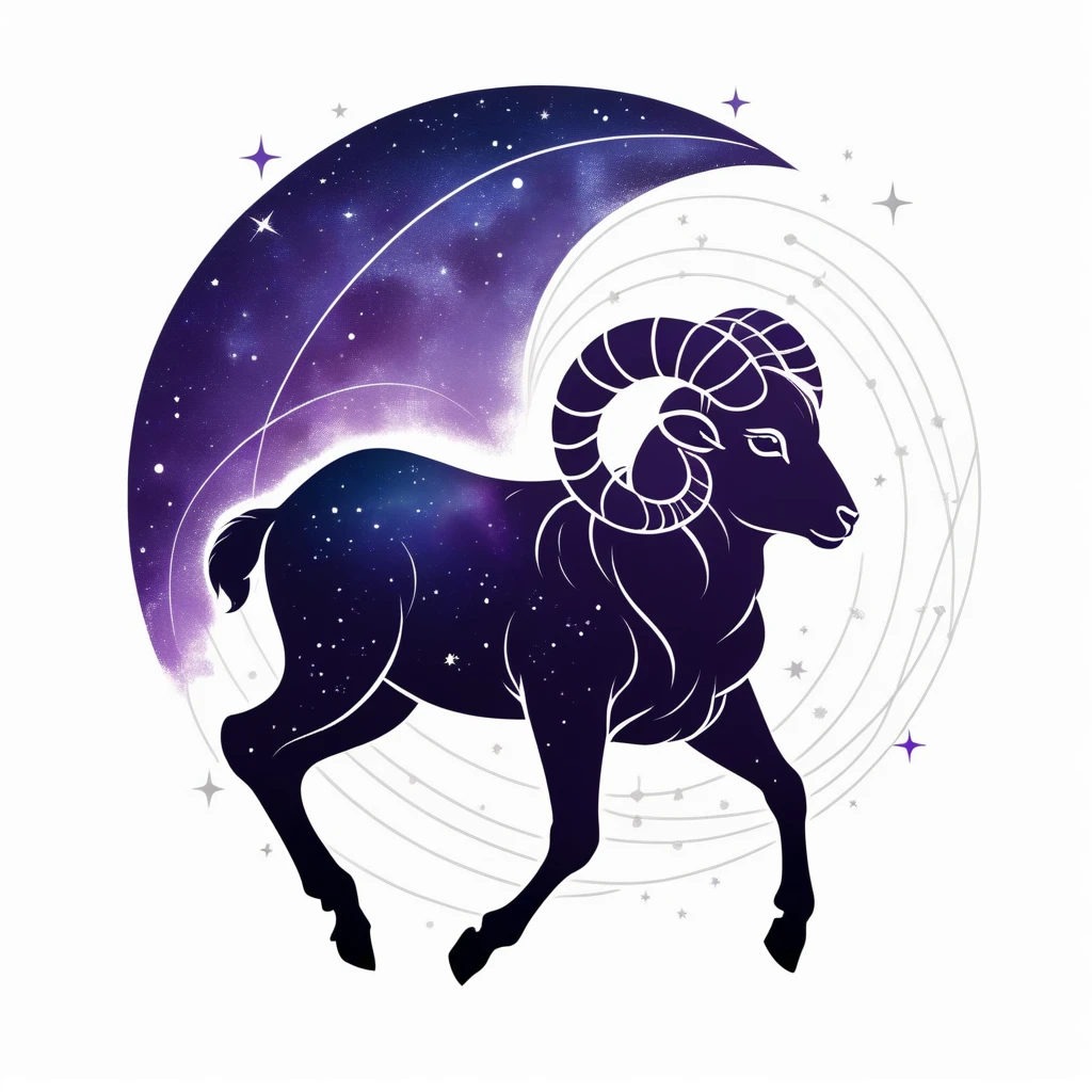Aries constellation forming a ram silhouette, night sky photography style, mysterious and vast, moonlit glow, star field with connecting lines, deep purple and silver palette, off-center chest to shoulder placement, subtle glitter effect, space exploration enthusiast apparel, T-shirt design graphic, vector, contour, white background