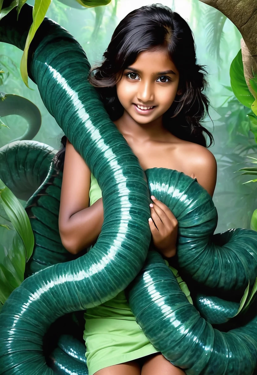  Happy Horny, aroused 1girl), beautiful   Indian  young teen girl with  giant colossal Kaa monster squeezing her hard, wrapped in thick spiraling coils, constricted, struggle, gasping for air, snake attack, snake peril,