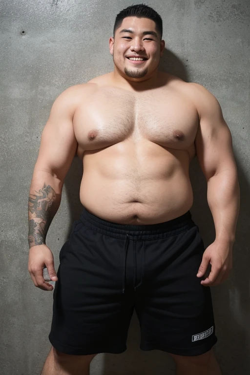 ((highest quality)), ((masterpiece)), (detailed), ((Perfect Face)), 4k, Shaved head, Young Japanese, Muscular, Fat body, Very big man, smile, ((showing off crotch))A large Japanese man topless、whole body、Rugby、Thick legs、Thick arm muscles、Intimidating、whole body、wearing a very tight black shorts