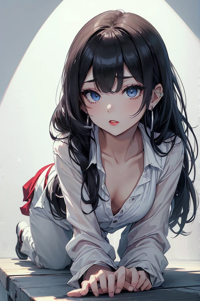 masterpiece, best quality, HDR, close up, looking at viewer, (downblouse, wariza, white dress shirt:1.5), bra, on bed, sheets, cleavage, straddling, 1girl, school uniform, (tearfilled eyes:1.2), (embarrassed, sad, angry, drunken eyes:0.8), from above, thighs, (black hair, dark grey pleated plaid skirt:1.3), facelight, cinematic lighting, professional lighting, sharp focus, highres, photography, realistic, highest detailed, extreme detailed, ultra detailed, finely detail, real skin, detailed skin and eyes and face, sharp pupils, realistic pupils, (dark background, heart background, humid:1.5), open mouth