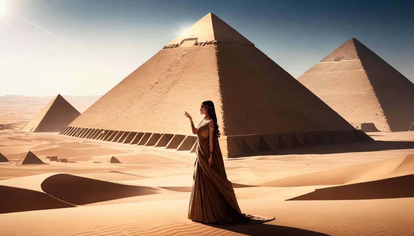 score 9, sorce photo, from side, wide shot, a young gay princess in egyptian style gorgeous dress, looking up at the pyramids, one hand up, clear blue sky, Very strong sunlight, endless desert, A line of camel caravan in the distance, hyper detailed, cinematic lighting, 8k, highly detailed face and eyes, intricate ornate jewelry, flowing fabric, masterpiece,