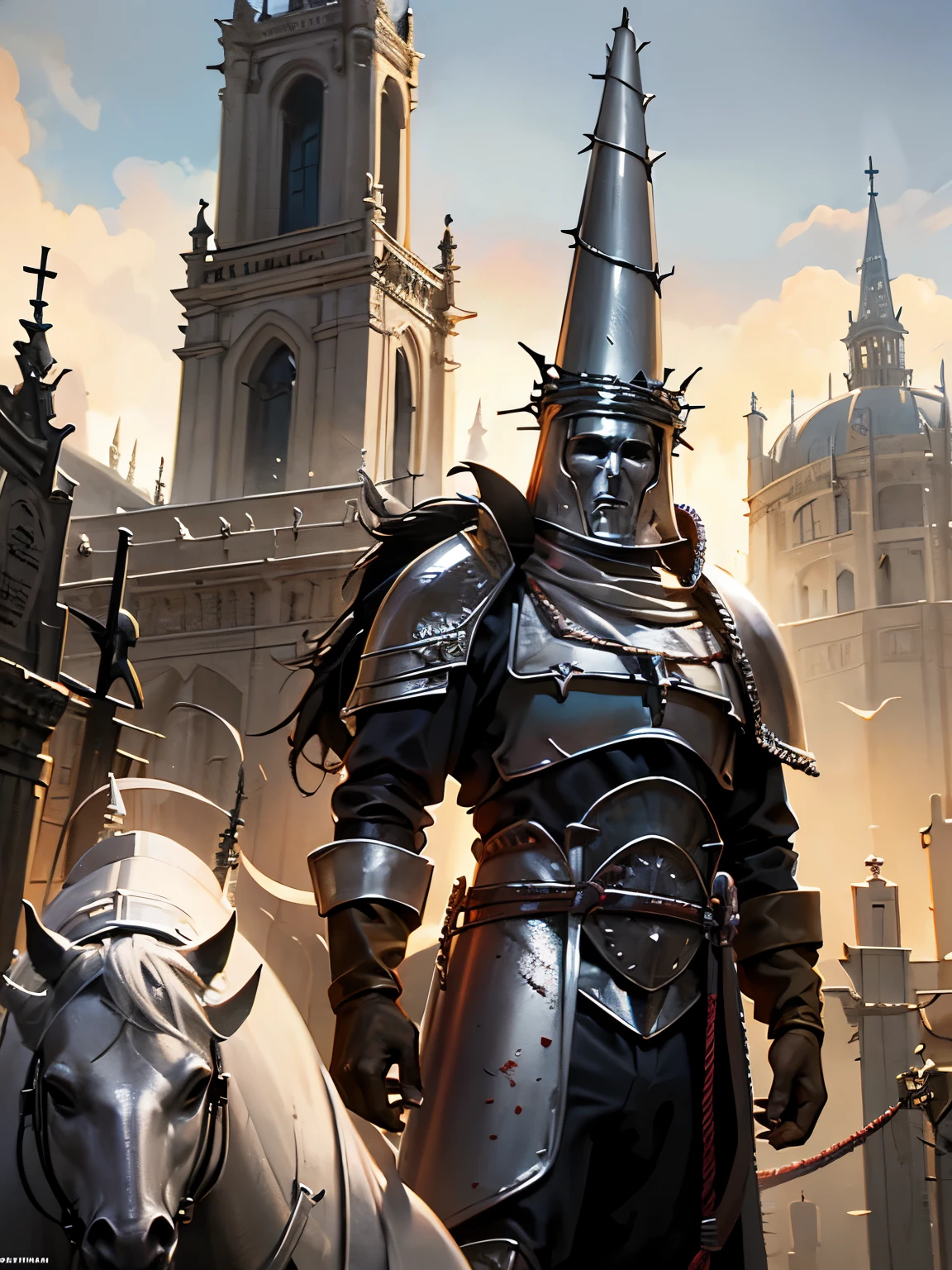 ((Blasphemous)), ((The penitent)), game character, a closeup of a man wearing a helmet and armor standing in front of a castle, anor londo, holy crusader medieval, guild war illustrations, holy crusader, Warhammer fantasy art, photo of a clergyman, undead knight, medieval fantasy game art, I see the Carpathians, Blasphemous, holy crusader medieval knight, holy crusader medieval