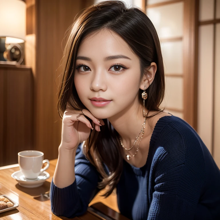 (masterpiece:1.3), high resolution, ultra detailed, extremely detailed CG unity 8k wallpaper, realistic, photo-realistic, RAW photo, (beautiful detailed face), pale skin, realistic skin, detailed cloth texture, detailed hair texture, super model, Beautiful Face, accurate, Anatomically correct, Highly detailed face and skin texture, natural neck length, (shiny small diamond necklace and earring:1.1), (beautiful hands), (fair skin:1.2), Thin legs, Thin feet, Sexy thighs,
BREAK,
Detailed eyes, symmetrical eyes, Brown eyes, Double eyelids, Thin eyebrows, (Glossy lips:1.4), (Gentle smile:1.2),
BREAK,
(A Very Cute girl:1.3), (wearing a Royal-Blue sweater dress:1.2), (barefoot),
medium large breasts, (firm breast, nicely shaped breasts, slender figure:1.1), (super model),
(layered hairstyle, Dark brown hair, wavy hair), (medium long hair:1.2),
BREAK,
((Sitting across from someone with a black table between them:1.2)), (Warm tea and Japanese sweets are placed on the table), (at Luxury guest room of Japanese ryokan in 'Kyoto':1.2), (Upper body shot:1.2), ((looking at viewer:1.2)), ((From front:1.3)),