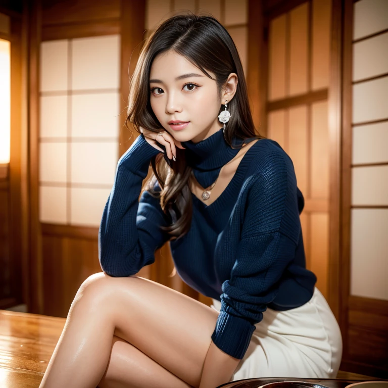 (masterpiece:1.3), high resolution, ultra detailed, extremely detailed CG unity 8k wallpaper, realistic, photo-realistic, RAW photo, (beautiful detailed face), pale skin, realistic skin, detailed cloth texture, detailed hair texture, super model, Beautiful Face, accurate, Anatomically correct, Highly detailed face and skin texture, natural neck length, (shiny small diamond necklace and earring:1.1), (beautiful hands), (fair skin:1.2), Thin legs, Thin feet, Sexy thighs,
BREAK,
Detailed eyes, symmetrical eyes, Brown eyes, Double eyelids, Thin eyebrows, (Glossy lips:1.4), (Gentle smile:1.2),
BREAK,
(A Very Cute girl:1.3), (wearing a Royal-Blue sweater dress:1.2), (barefoot),
medium large breasts, (firm breast, nicely shaped breasts, slender figure:1.1), (super model),
(layered hairstyle, Dark brown hair, wavy hair), (medium long hair:1.2),
BREAK,
((Sitting across from someone with a black table between them:1.2)), (Warm tea and Japanese sweets are placed on the table), (at Luxury guest room of Japanese ryokan in 'Kyoto':1.2), (Upper body shot:1.2), ((looking at viewer:1.2)), ((From front:1.3)),