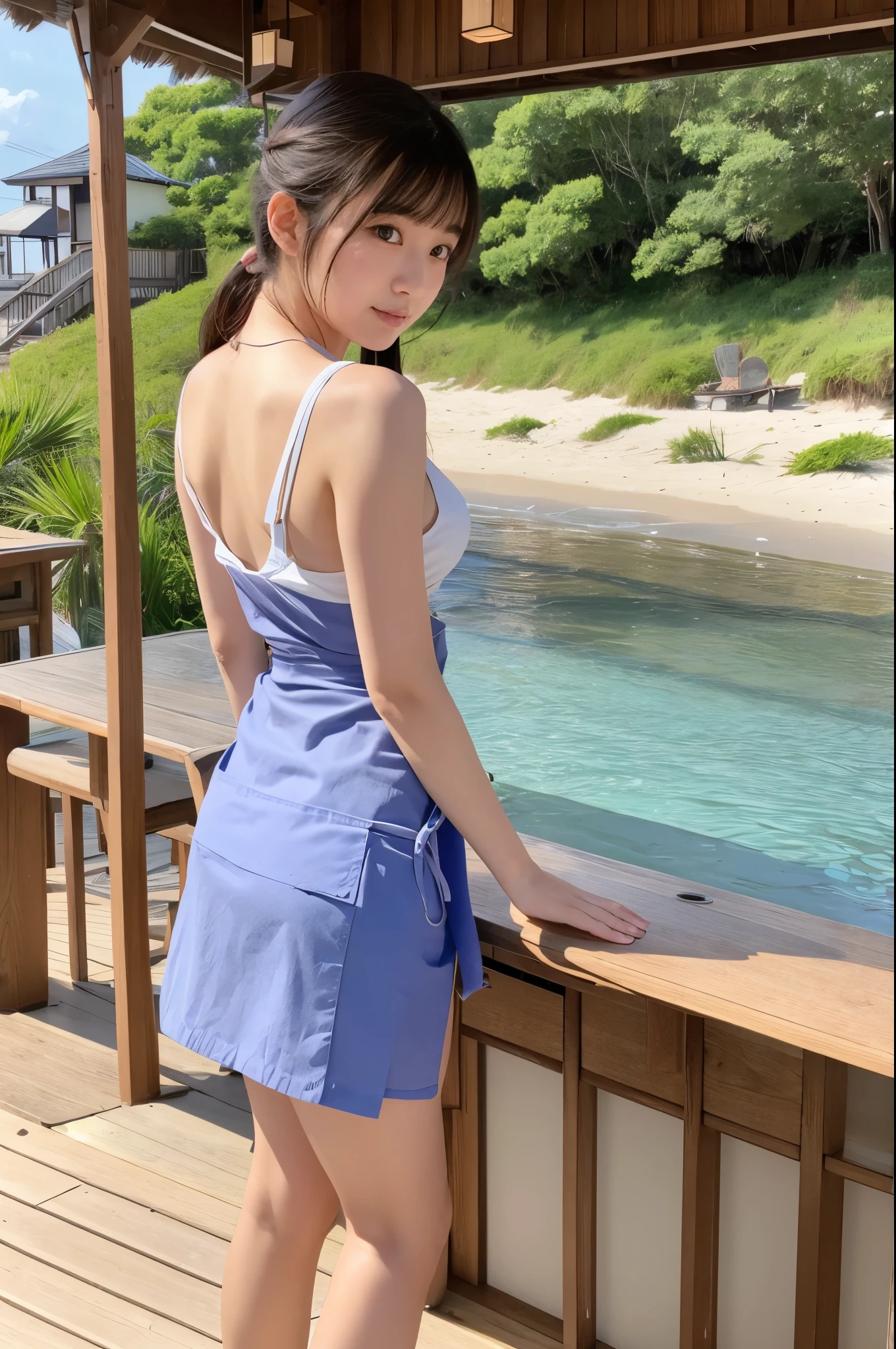 Pretty 22 year old woman(Japanese face)Wearing an apron and a super miniskirt、Being at the beach house。