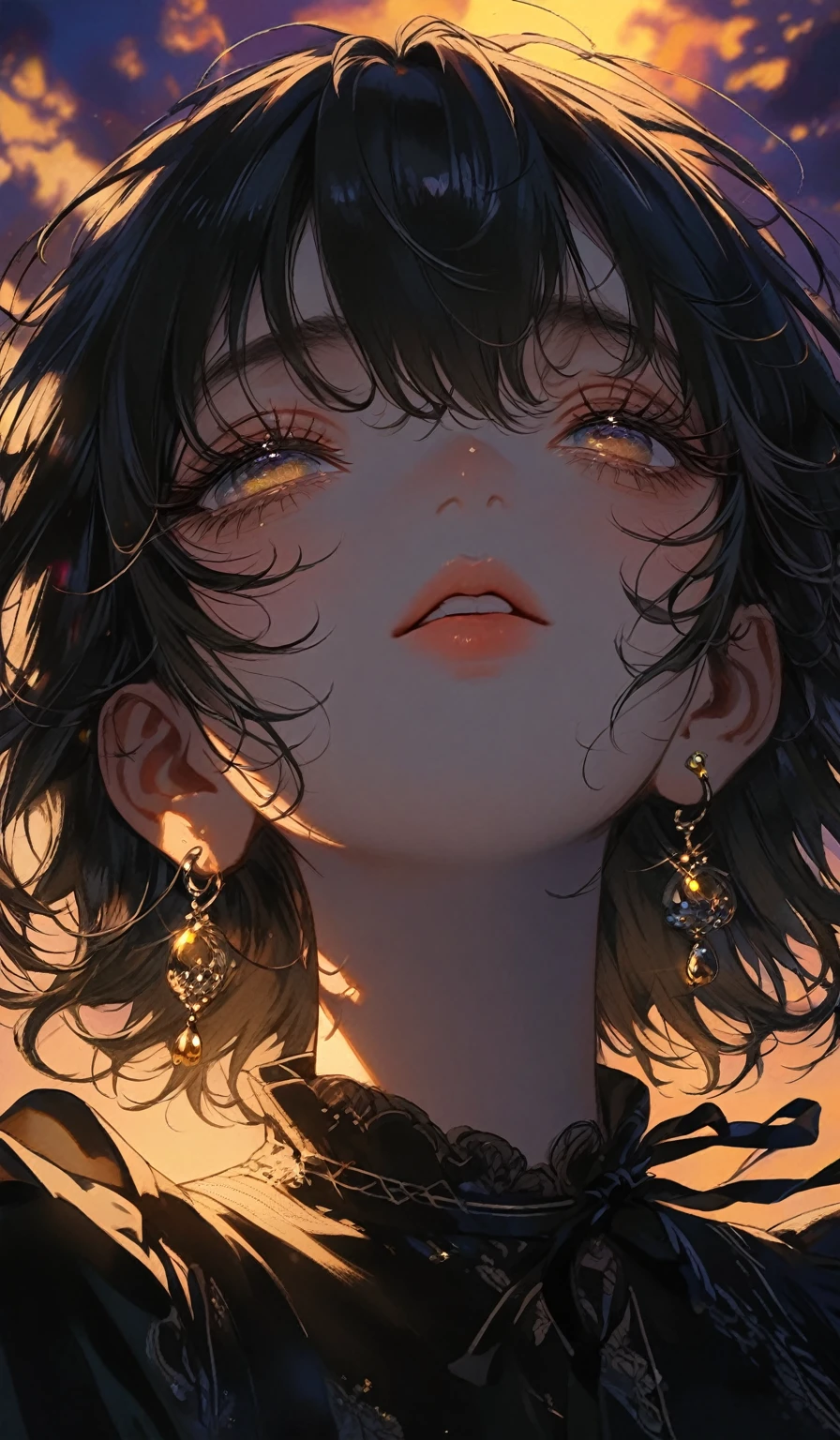 sunset light shines through the dark clouds, 1girl, solo, look up, half closed eyes, short hair, bangs, black hair, ribbon, hair between eyes, jewelry, black shirts, upper body, earrings, yellow nail, blurry, eyelashes, black ribbon, half open eyes, ,