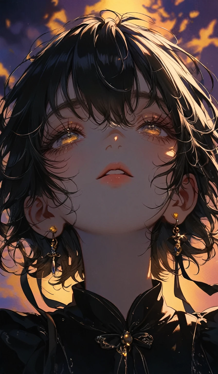 sunset light shines through the dark clouds, 1girl, solo, look up, half closed eyes, short hair, bangs, black hair, ribbon, hair between eyes, jewelry,  black shirts, upper body, earrings, yellow nail, blurry, eyelashes, black ribbon, half open eyes, ,