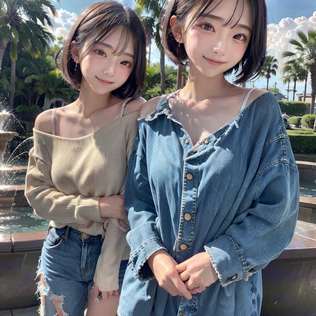 HD detailed, Super detailed, Realistic,Hyperrealism,Best image quality、Highest quality、masterpiece、Ultra-high resolution、Like the picture:1.5、Professional Lighting、18-year-old,１Japan Girls in Man,Long sleeve、Wearing a buttoned up denim shirt and jeans、A kind smile、Show the whole body、Park fountain、Wet clothes