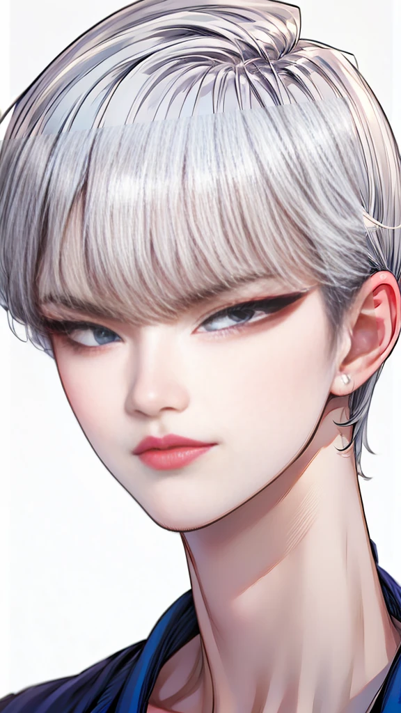 Boy, white hair, blue eyes, serious sharp features, white skin,