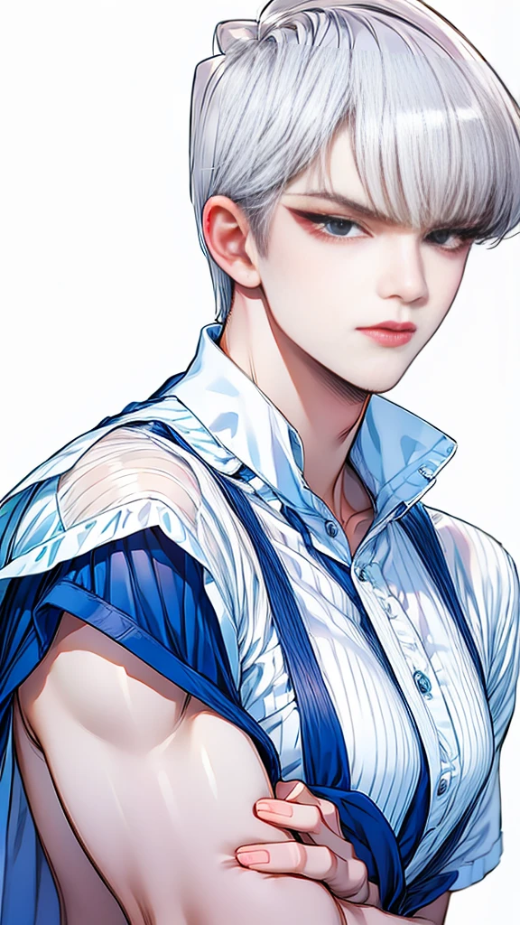 Boy, white hair, blue eyes, serious sharp features, white skin,