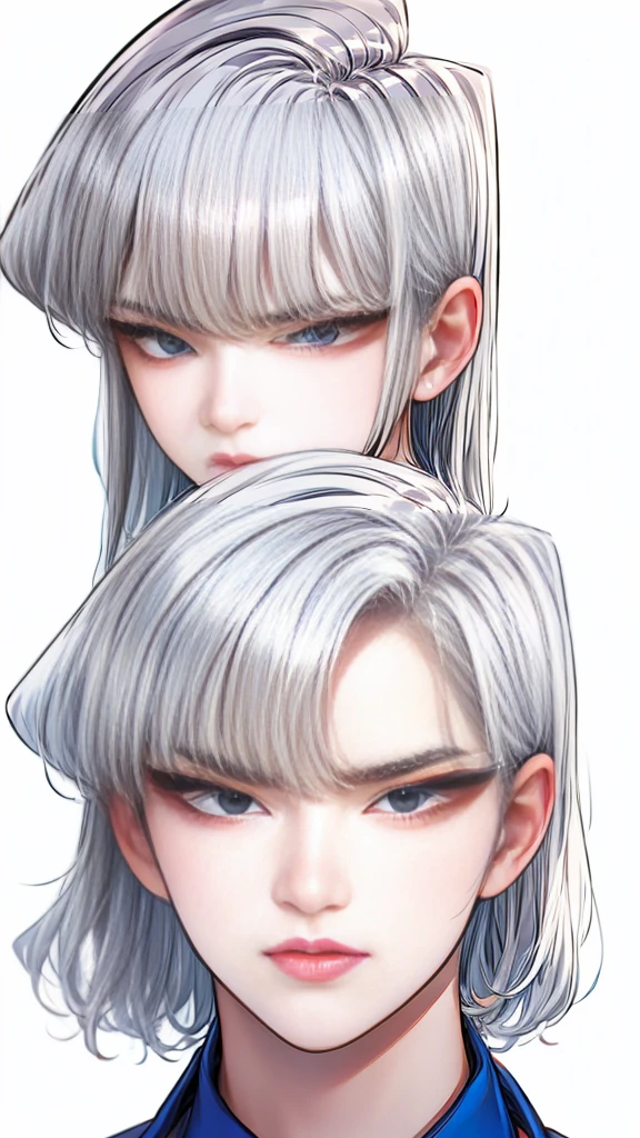 Boy, white hair, blue eyes, serious sharp features, white skin,
