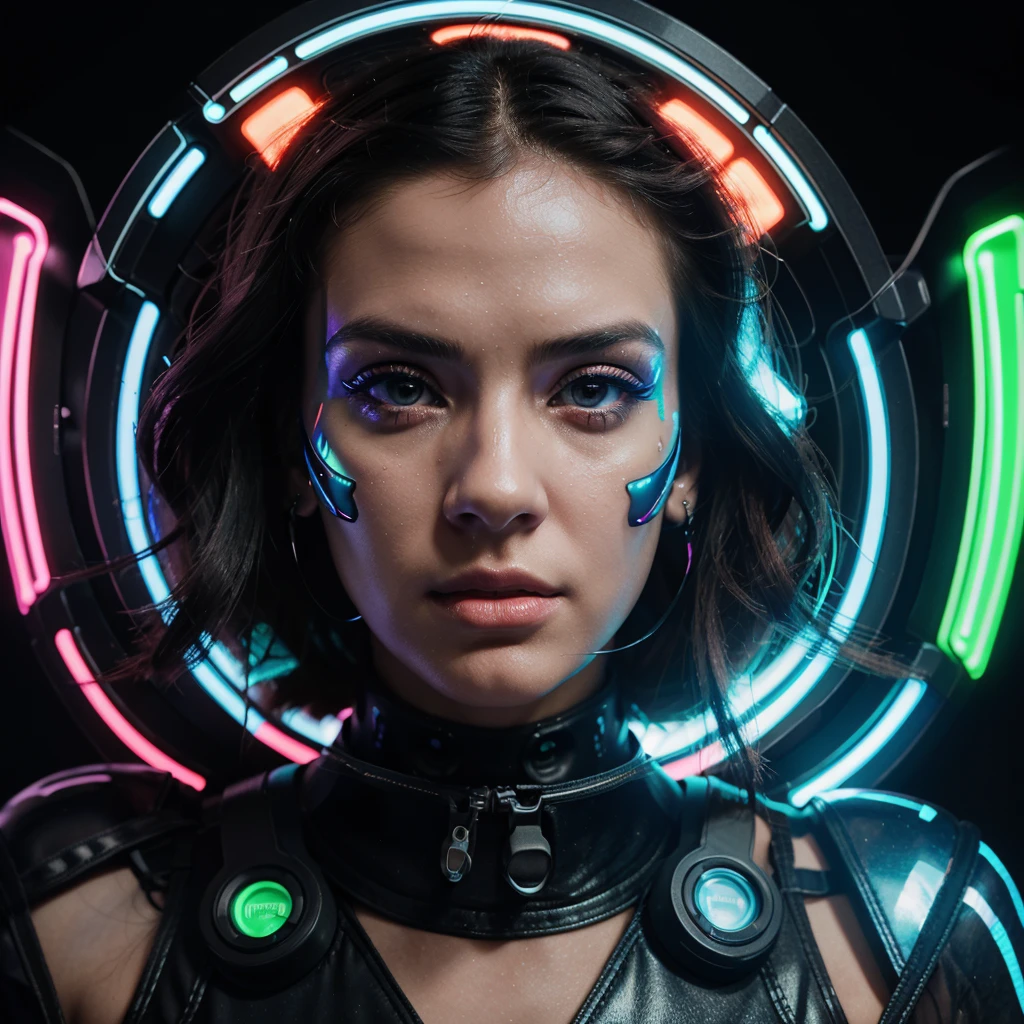 absurd resolution, high resolution, reflection, refraction:1.4 ultra-detailed:1.0 (illustration, line drawing), masterpiece, Bright Background of Neon Club Lights, Headshot portrait, woman, techno Rave girl wearing Neon Clothing, Tron led lights of multiple neon tube light clothing. wearing DJ Headset, wearing cyber synth sunglasses, best quality, portrait of a woman from Neck Up cyberpunk dystopian female warrior, wearing a futuristic clear mask, detailed face and eyes, gorgeous, tough penetrating gaze, mechanical bodysuit with glowing neon wires, wielding a futuristic phosphorescent weapon, neon lighting, looking at viewer, digital photography, dof, sharp focus,