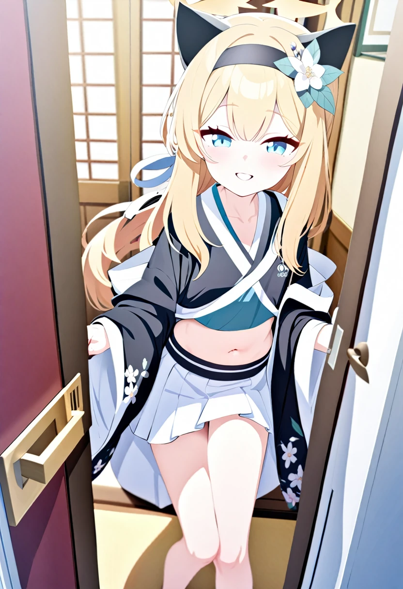 Mari/Blue archive, long hair,kimono, skirt kimono, midriff, navel showing,in door,smile,