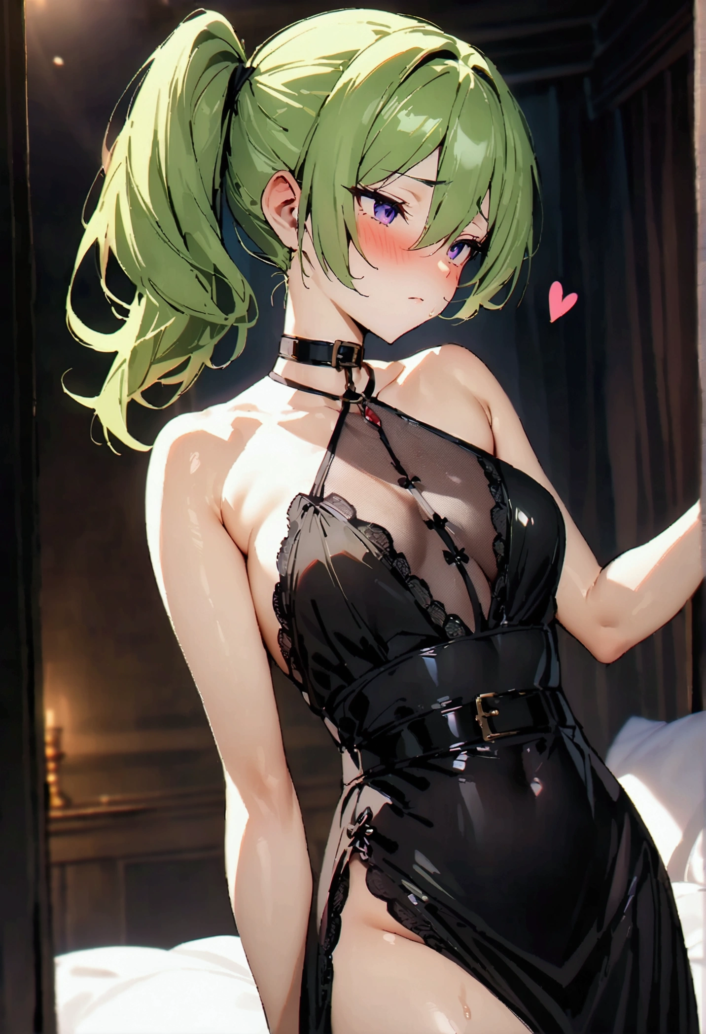 NSFW,masterpiece,Highest quality,High resolution,Super detailed,Uber\(Funeral of Frieren\),Green Hair、bangs、Hair between the eyes、Side Ponytail、Purple Eyes、Black choker、clavicle、High slit lace long dress、Sleeveless see-through dress、Halter neck,belt,Embarrassed,blush,Luxurious Room,Brothel at night,heart,Sexy pose