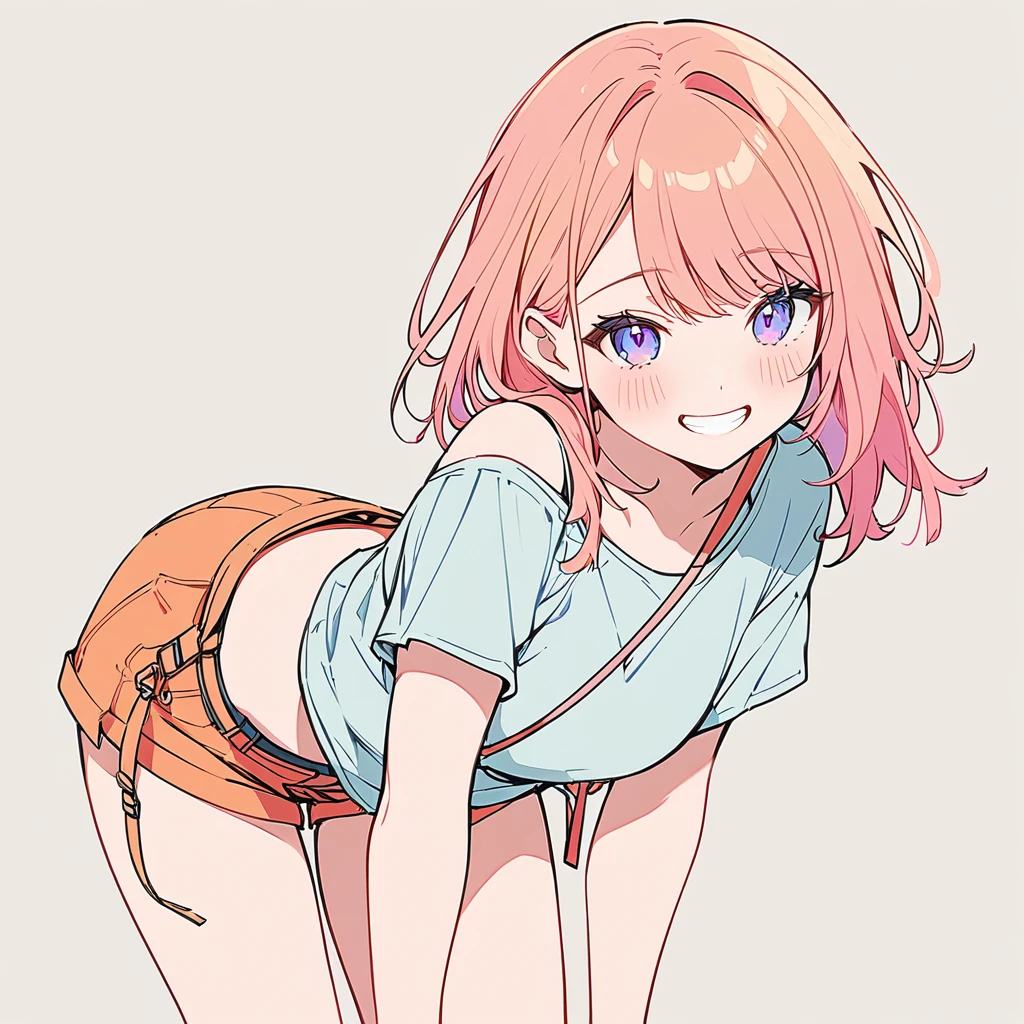 absurdres, highres, ultra detailed, kawaii, 1girl, cross bag with crossing strap on breast, leaning forward, midriff plain T-shirt, off shoulder, hot pants, grin, blush, line art, delicate lines, pale color, stylish, artistic, simple background