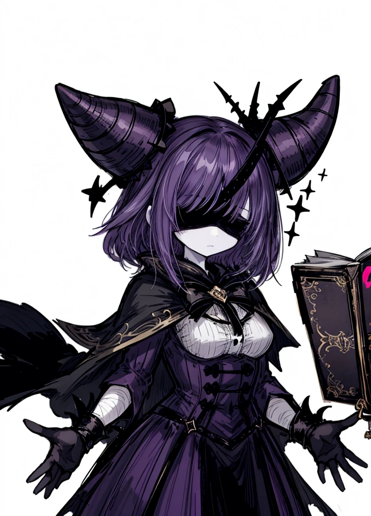 1girl, pale skin, black blindfold, purple hair, magic book, necromancer, nice clothes, (high resolution, high detail, best quality) sleeping