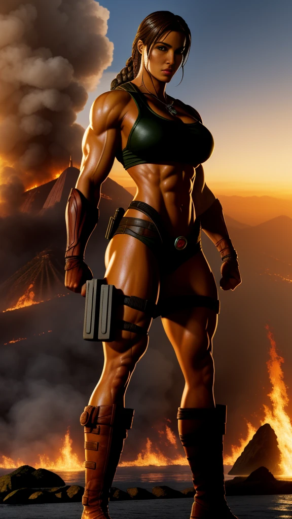 Image of muscular DC COMICS Lara Croft, human body, human anatomy, huge breasts, holding a dumbell gym with right hand, left hand closed, costume identical to that of DC COMICS, with cyborg details, showing full body, showing feet, perfect face, perfect boots, laser beams coming out from your eyes, highly detailed, super definition, 8k, showing the statue of Christ the Redeemer in the city of Rio de Janeiro January in flames. Cinematic image.