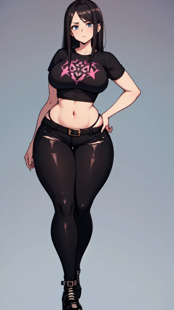 blank background, (((full body))), (masterpiece), ((best quality)), ((tall girl)), straight hair (curvy:1.6), (punk girl), shoes, belt below navel, black hair, wide hips, (black jeans), (short sleeves), arm tattoo