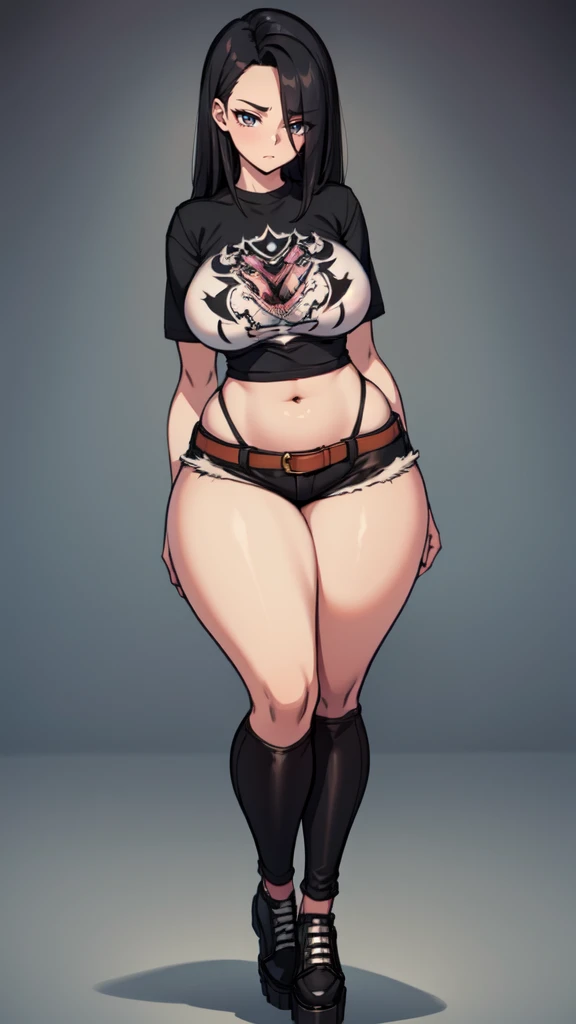 blank background, (((full body))), (masterpiece), ((best quality)), ((tall girl)), straight hair (curvy:1.6), (punk girl), shoes, belt below navel, black hair, wide hips, (black jeans), (short sleeves), arm tattoo