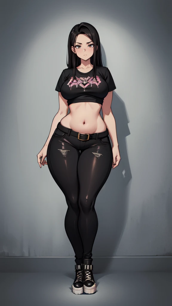 blank background, (((full body))), (masterpiece), ((best quality)), ((tall girl)), straight hair (curvy:1.6), (punk girl), shoes, belt below navel, black hair, wide hips, (black jeans), (short sleeves), arm tattoo