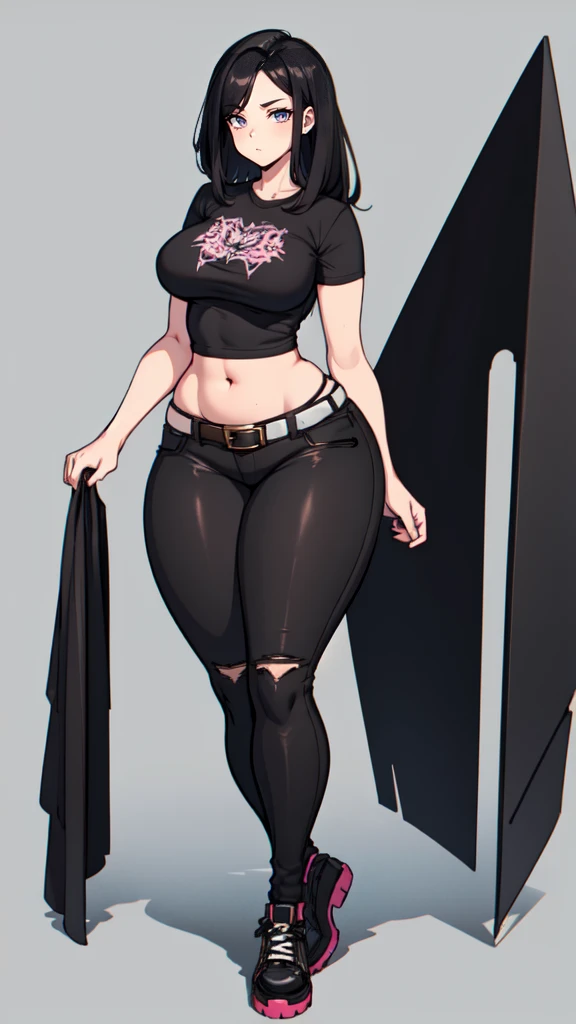 blank background, (((full body))), (masterpiece), ((best quality)), ((tall girl)), straight hair (curvy:1.6), (punk girl), shoes, belt below navel, black hair, wide hips, (black jeans), (short sleeves), arm tattoo