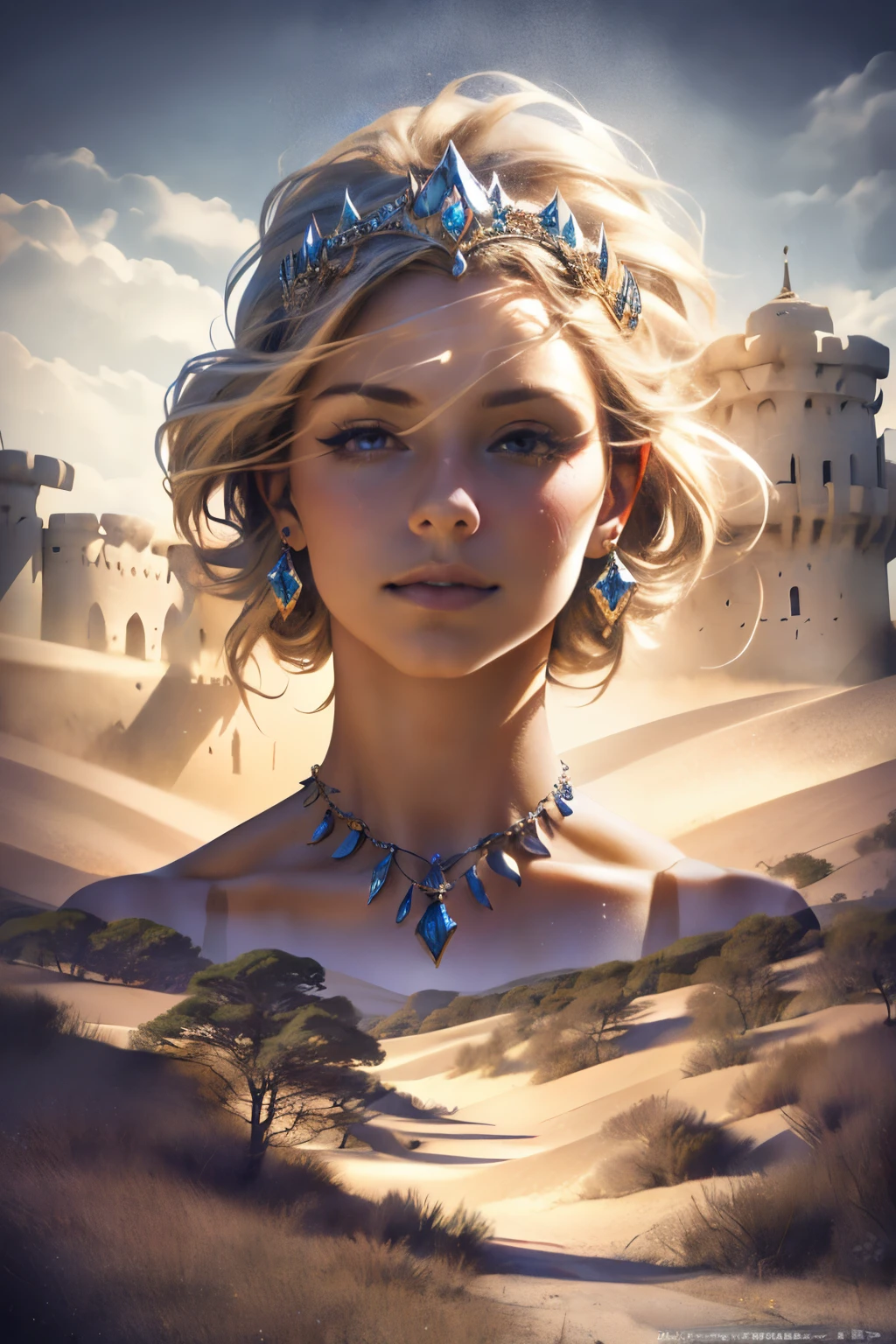 (masterpiece, best quality, super detailed, beautiful details eyes, Clean and delicate face), Super realistic noble smiling princess images, princess dress, imperial tiara, earrings, necklace, Her clothes blend into the dreamy desert and raging sandstorm background, Grains of sand are flying, dynamic sandstorm, The palace is covered in sandstorm, Enhanced further with mesmerizing multiple exposure effects, Whimsical fantasy landscape art, Beautiful Art Ultra HD 8K, 8K highly detailed digital art, beautiful detailed fantasy, epic dreamlike fantasy landscape, Mysterious and dreamy scenery, Magic fantasy is very detailed, magical scenery