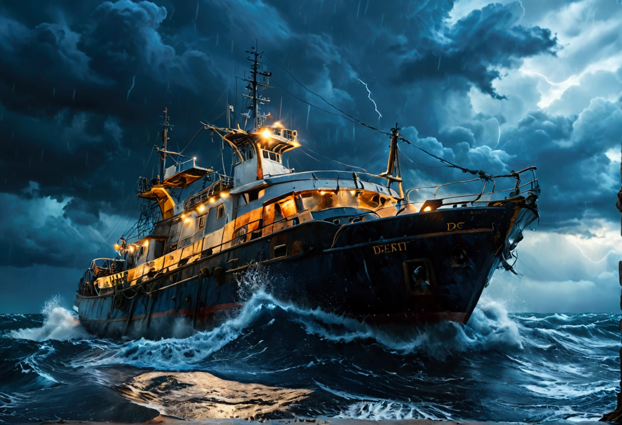 a fishing vessel named 'desert princess', dark and stormy night at sea, dramatic clouds, heavy rain, crashing waves, lightning in the sky, strong wind, gloomy atmosphere, dramatic lighting, moody colors, dark blues and grays, (best quality,4k,8k,highres,masterpiece:1.2),ultra-detailed,(realistic,photorealistic,photo-realistic:1.37),cinematic,dramatic composition,detailed textures,intricate details
