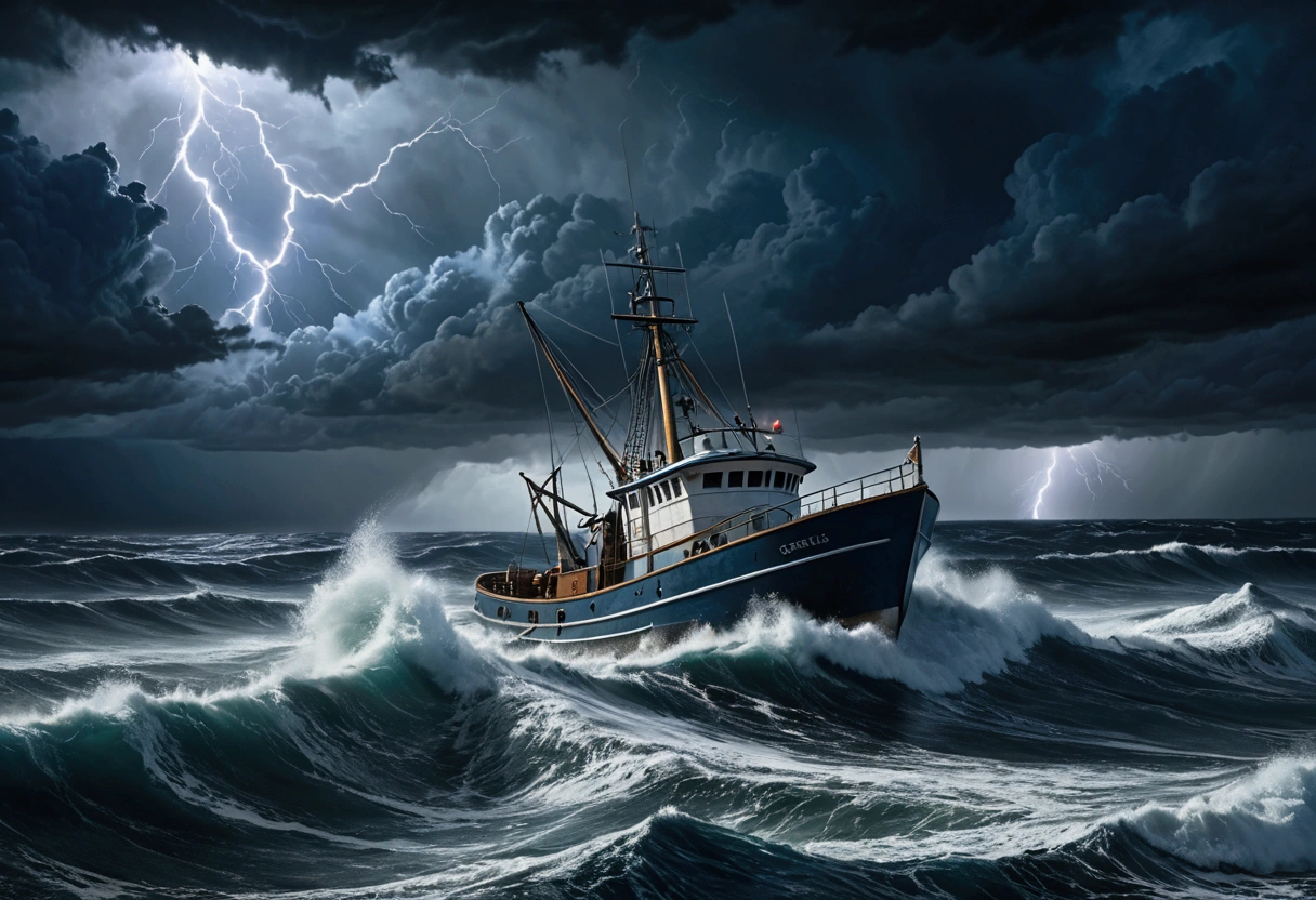 a fishing vessel named 'desert princess', dark and stormy night at sea, dramatic clouds, heavy rain, crashing waves, lightning in the sky, strong wind, gloomy atmosphere, dramatic lighting, moody colors, dark blues and grays, (best quality,4k,8k,highres,masterpiece:1.2),ultra-detailed,(realistic,photorealistic,photo-realistic:1.37),cinematic,dramatic composition,detailed textures,intricate details