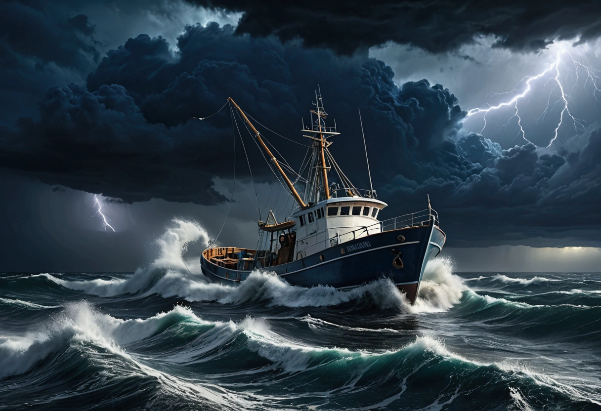 a fishing vessel named 'desert princess', dark and stormy night at sea, dramatic clouds, heavy rain, crashing waves, lightning in the sky, strong wind, gloomy atmosphere, dramatic lighting, moody colors, dark blues and grays, (best quality,4k,8k,highres,masterpiece:1.2),ultra-detailed,(realistic,photorealistic,photo-realistic:1.37),cinematic,dramatic composition,detailed textures,intricate details
