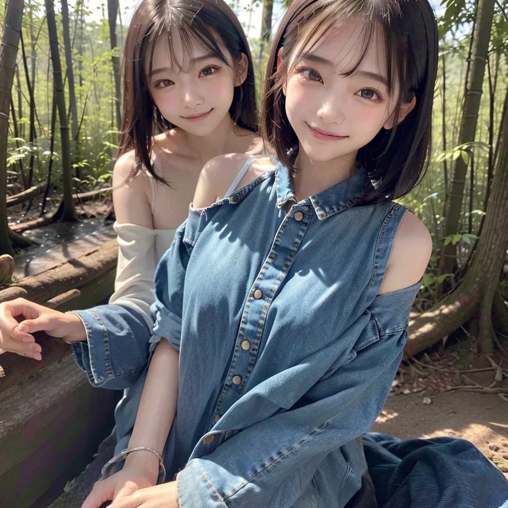 HD detailed, Super detailed, Realistic,Hyperrealism,Best image quality、Highest quality、masterpiece、Ultra-high resolution、Like the picture:1.5、Professional Lighting、18-year-old,１Japan Girls in Man,Long sleeve、Wearing a buttoned up denim shirt and jeans、A kind smile、Show the whole body、Forest Mud
