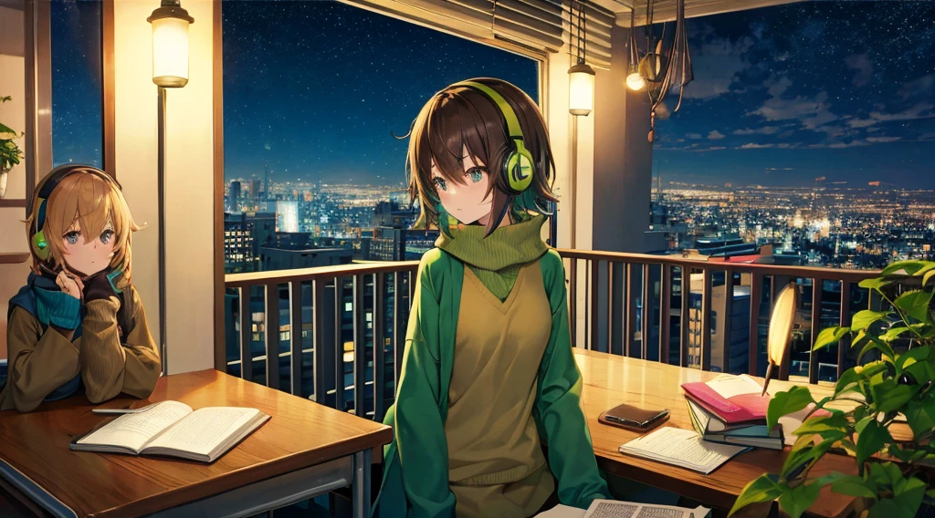 Anime style
On a cozy balcony with a beautiful night view of the city, a girl with bobbed hair, a green sweater and a brown scarf stands leaning against the balcony fence. The girl is relaxed and looking at the night view. She is wearing large headphones and relaxing. The room glimpsed from the balcony is a study room with a calm atmosphere, lit by a desk lamp. On the desk are notebooks, writing utensils, and plants. 