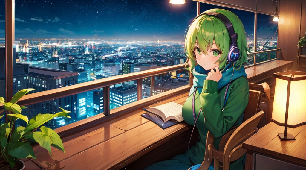 Anime style
On a cozy balcony with a beautiful night view of the city, a girl with bobbed hair, a green sweater and a brown scarf stands leaning against the balcony fence. The girl is relaxed and looking at the night view. She is wearing large headphones and relaxing. The room glimpsed from the balcony is a study room with a calm atmosphere, lit by a desk lamp. On the desk are notebooks, writing utensils, and plants.