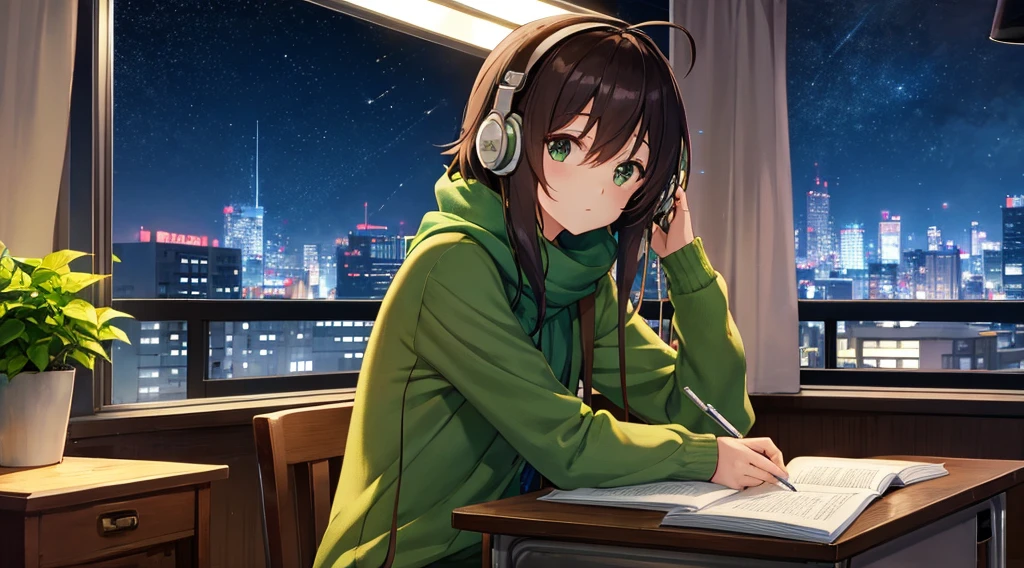 Anime style
On a cozy balcony with a beautiful night view of the city, a girl with bobbed hair, a green sweater and a brown scarf stands leaning against the balcony fence. The girl is relaxed and looking at the night view. She is wearing large headphones and relaxing. The room glimpsed from the balcony is a study room with a calm atmosphere, lit by a desk lamp. On the desk are notebooks, writing utensils, and plants. 