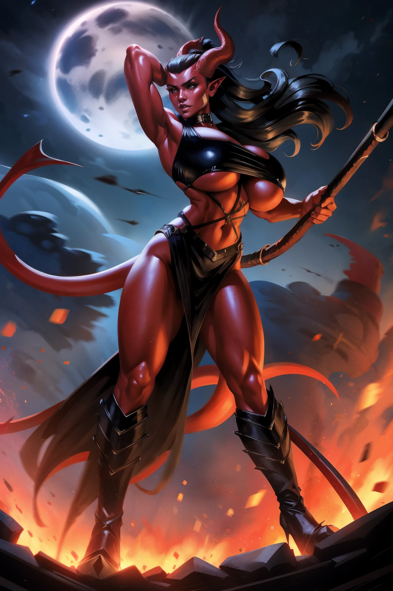 Red skin succubus tiefling, digitigrade legs, full breasts, medium breasts, black horns, wings, huge tail, black leather, crop top, long flowing pelvic curtain, tall, toned, graceful, thin, long black ponytail. Action scene, whip. Dark scene, explosions, night sky.