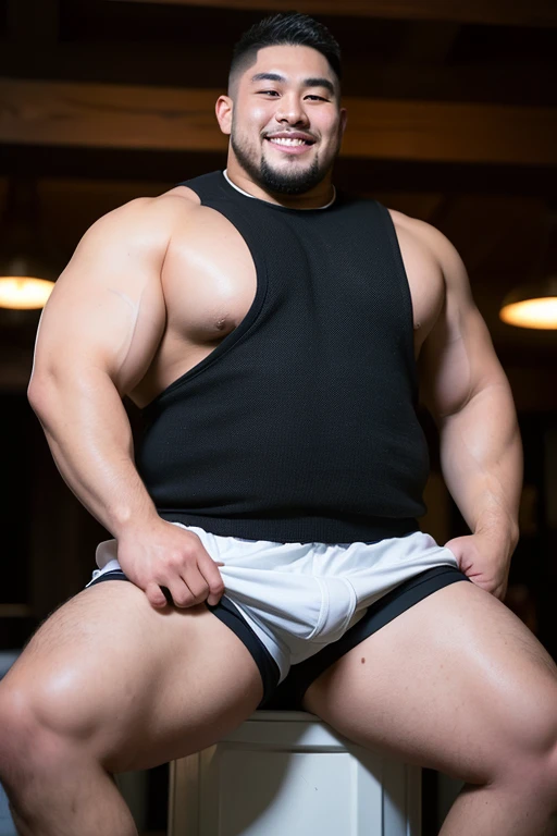 ((highest quality)), ((masterpiece)), (detailed), ((Perfect Face)), 4k, Shaved head, Young Japanese, Muscular, Fat body, Very big man, smile, ((showing off crotch))A large Japanese man topless、whole body、Rugby、Thick legs、Thick arm muscles、Intimidating、whole body、wearing a very tight black shorts