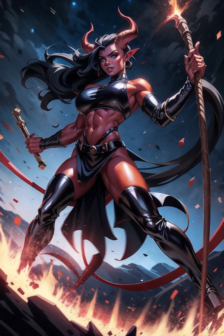 Red skin succubus tiefling, digitigrade legs, full breasts, medium breasts, black horns, wings, huge tail, black leather, crop top, long flowing pelvic curtain, tall, toned, graceful, thin, long black ponytail. Action scene, whip. Dark scene, explosions, night sky.