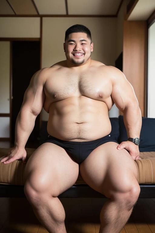 ((highest quality)), ((masterpiece)), (detailed), ((Perfect Face)), 4k, Shaved head, Young Japanese, Muscular, Fat body, Very big man, smile, ((showing off crotch))A large Japanese man topless、whole body、Rugby、Thick legs、Thick arm muscles、Intimidating、whole body、wearing a very tight black shorts