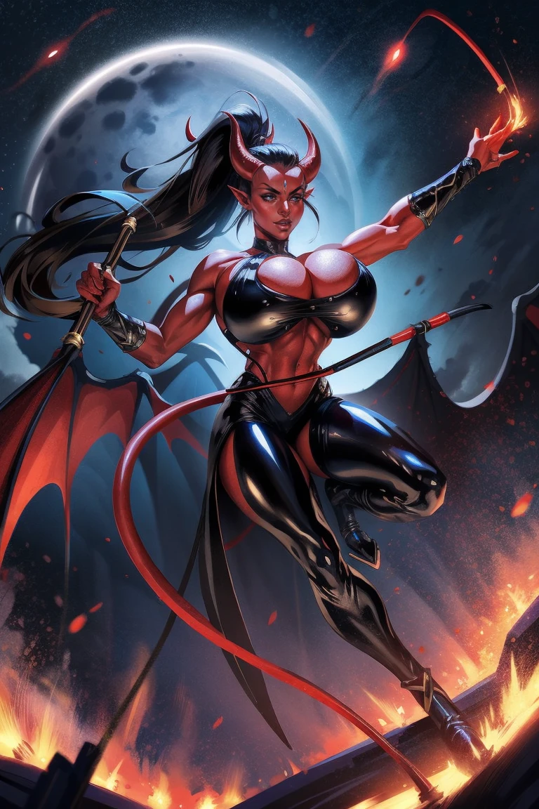 Red skin succubus tiefling, digitigrade legs, full breasts, medium breasts, black horns, wings, huge tail, black leather, crop top, long flowing pelvic curtain, tall, toned, graceful, thin, long black ponytail. Action scene, whip. Dark scene, explosions, night sky.