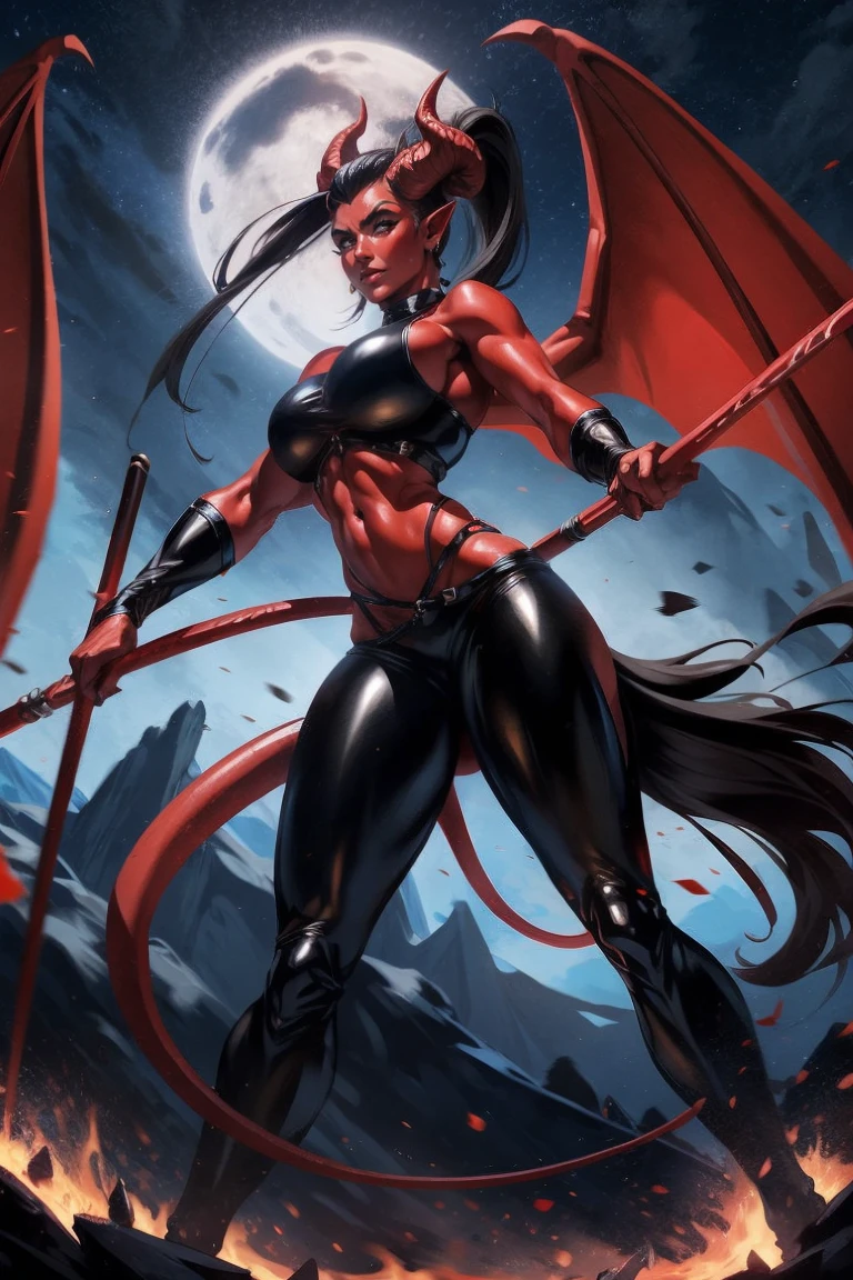 Red skin succubus tiefling, digitigrade legs, full breasts, medium breasts, black horns, wings, huge tail, black leather, crop top, long flowing pelvic curtain, tall, toned, graceful, thin, long black ponytail. Action scene, whip. Dark scene, explosions, night sky.