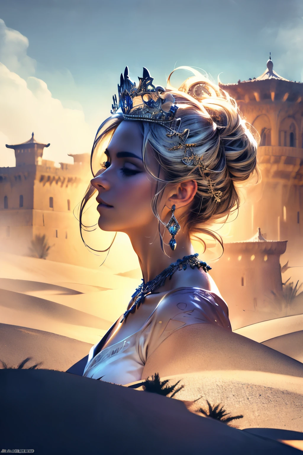 (masterpiece, best quality, super detailed, beautiful details eyes, Clean and delicate face), Super realistic noble smiling princess images, princess dress, imperial tiara, earrings, necklace, Her clothes blend into the dreamy desert and raging sandstorm background, Grains of sand are flying, dynamic sandstorm, The palace is covered in sandstorm, Enhanced further with mesmerizing multiple exposure effects, Whimsical fantasy landscape art, Beautiful Art Ultra HD 8K, 8K highly detailed digital art, beautiful detailed fantasy, epic dreamlike fantasy landscape, Mysterious and dreamy scenery, Magic fantasy is very detailed, magical scenery