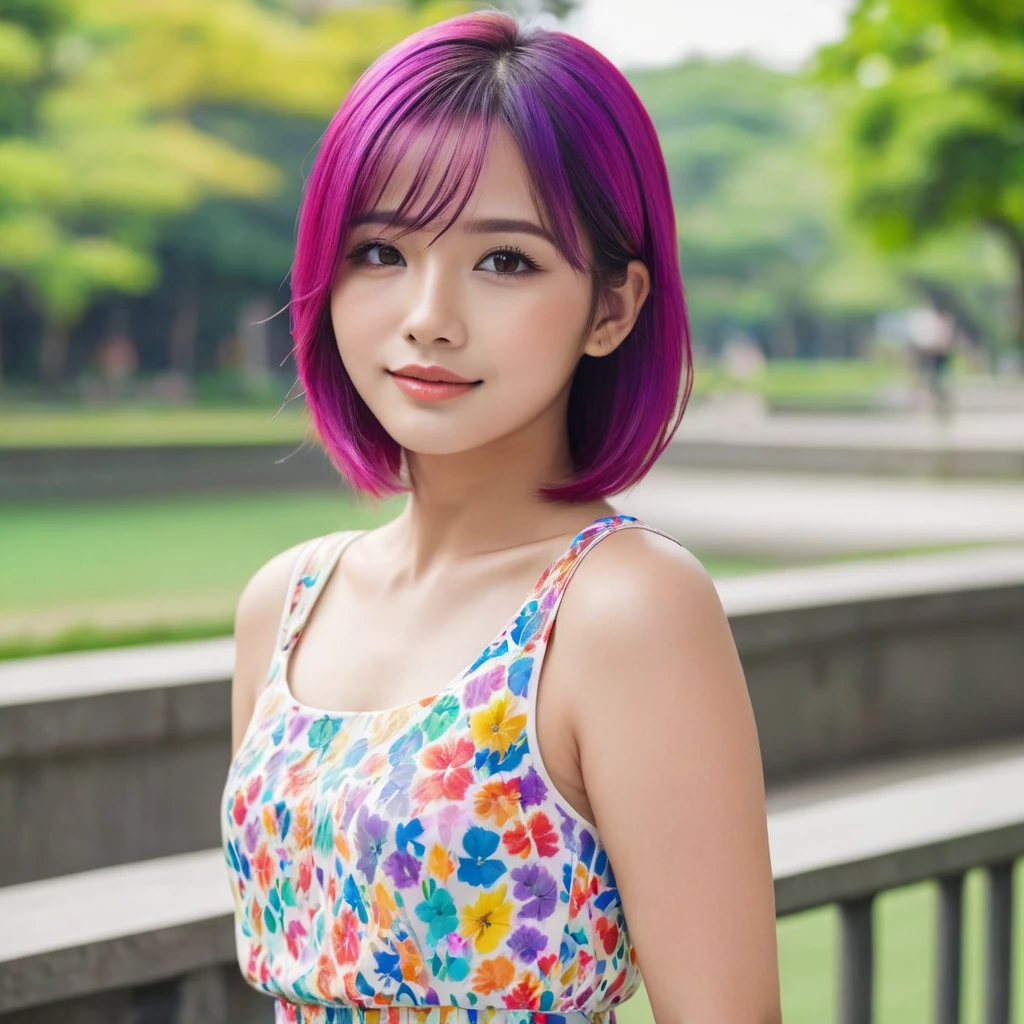 make a picture of a young indonesian woman, cute face, sleek and straight hair. she have a  layered haircut, bright rainbow hair with bright yellow, shocking pink, electric blue, neon green, vibrant purple, bright silver, bright orange, and flaming red haircolor. she wears a white dress with flower pattern dress, at the park. Elegant pose, slight smile. Cute lips, brown eyes, detailed face.