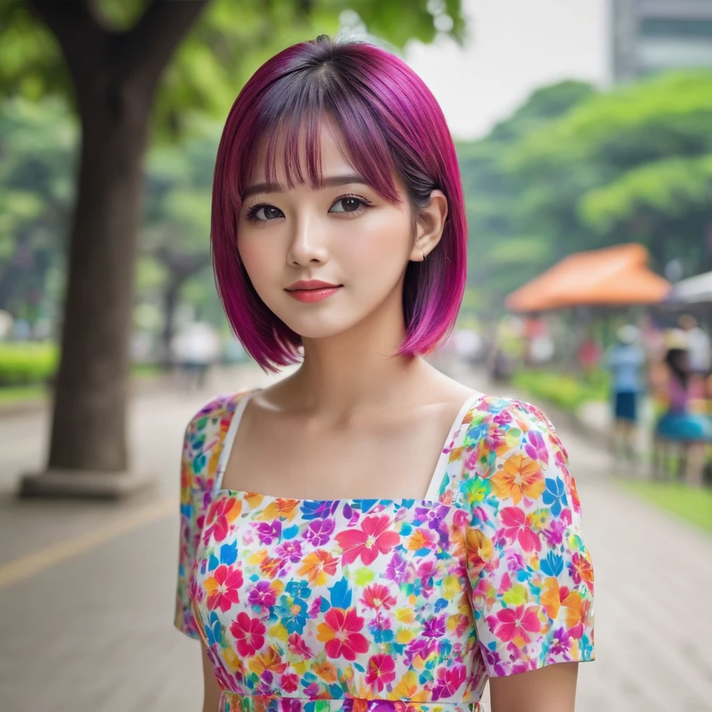 make a picture of a young indonesian woman, cute face, sleek and straight hair. she have a layered haircut, bright rainbow hair with bright yellow, shocking pink, electric blue, neon green, vibrant purple, bright silver, bright orange, and flaming red haircolor. she wears a white dress with flower pattern dress, at the park. Elegant pose, slight smile. Cute lips, brown eyes, detailed face.