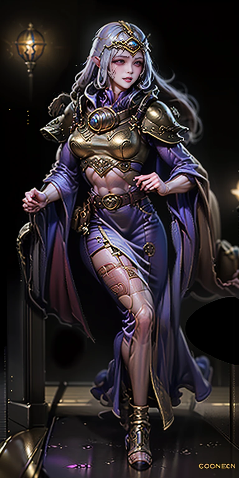extremely long hair, ponytail, perfect anatomy 1 girl tall solo, slim thick, ((muscular)) high elf toned body, golden breast plate, golden cape, slender abs, hourglass waist, detailed face, defined cheekbones, puffy lips, goldengauntlets, gold crown, shadow over eyes, looking at viewer, masterpiece, white thigh highs lingerie, lustful smirking smile face red blushed red cheeks, 2 high heels feet together