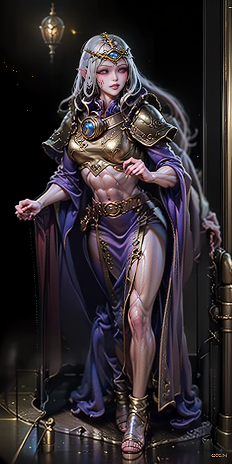 extremely long hair, ponytail, perfect anatomy 1 girl tall solo, slim thick, ((muscular)) high elf toned body, golden breast plate, golden cape, slender abs, hourglass waist, detailed face, defined cheekbones, puffy lips, goldengauntlets, gold crown, shadow over eyes, looking at viewer, masterpiece, white thigh highs lingerie, lustful smirking smile face red blushed red cheeks, 2 high heels feet together