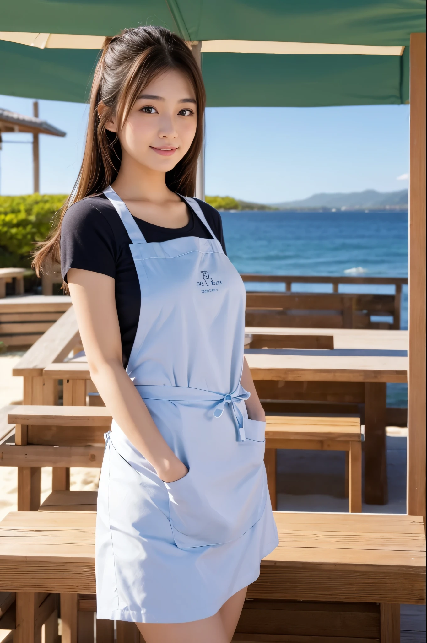 20 years old girl (Japanese pretty face) is wearing white apron, mini skirt at the beach bar