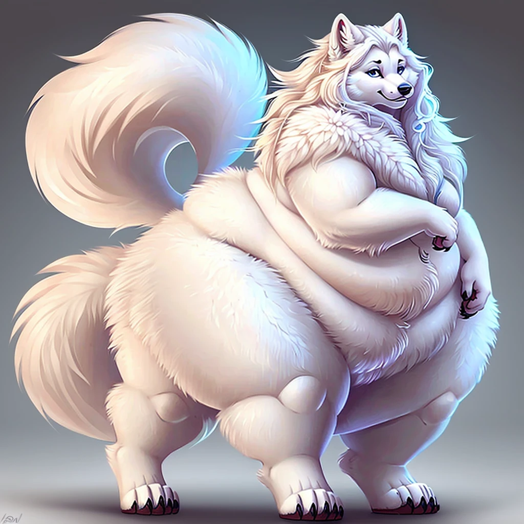 A obese Arctic wolf, gorgeous, beautiful, claws, long messy hair ,  ,fat arms, fat legs,fullbody,cute ,huge thighs, standing, curvy,huge hips, chubby , male ,  ,heavy bottom , feminine ,solo, penis, balls 