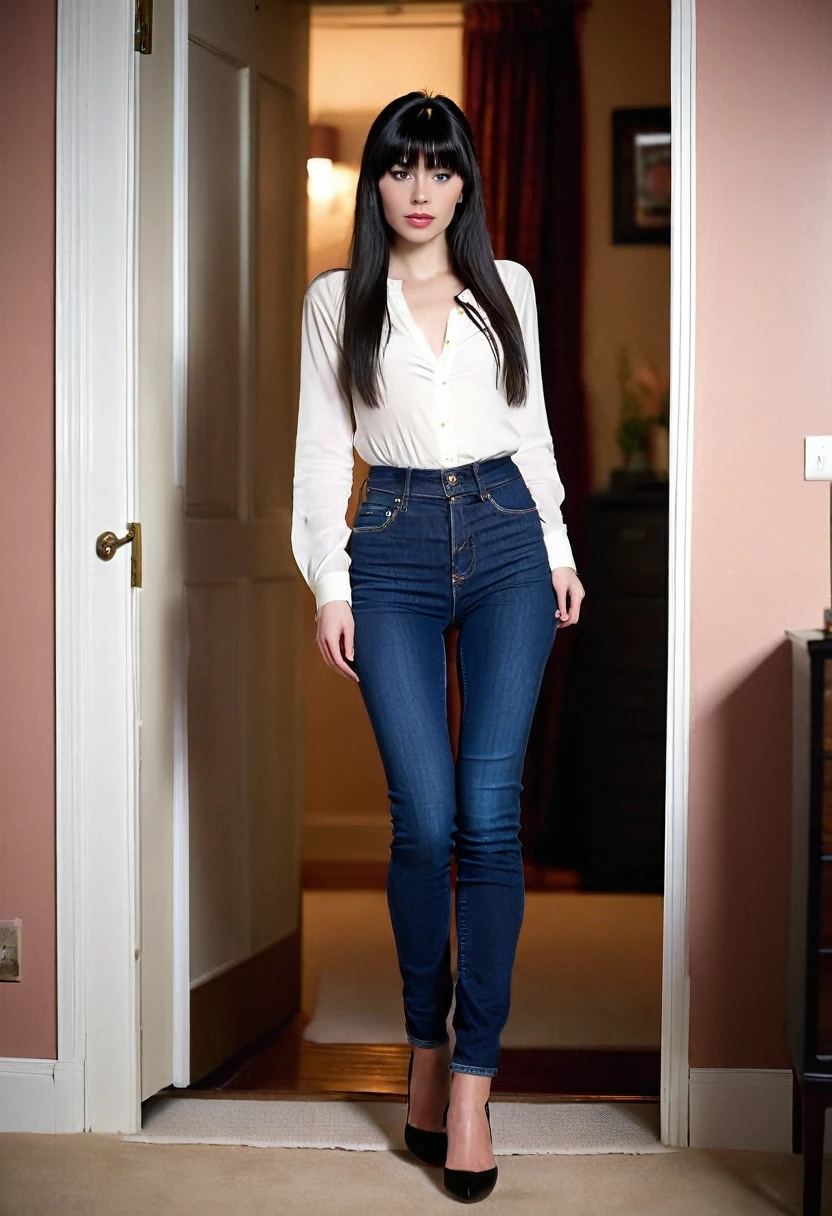 {
Full body and front view picture of a beautiful Norwegian girl, 18 years old, entering a bedroom with a casual but sexy outfit,
camera_angle: {Full body, front view, focusing on her entrance and legs},
outfit: {tight blue jeans, white blouse, black high heels},
physical_description: {A youthful face looking younger than her age, large expressive dark brown eyes, thin arched eyebrows, small slightly upturned nose, thin rosy lips, extremely fair skin, long straight black hair with bangs, slim body with a small waist, long legs, moderate bust, and well-defined hips},
pose: {standing in the doorway, one hand on the door frame, the other on her hip, looking seductive},
background: {Cozy, dimly lit bedroom with a large bed, soft lighting, and warm, inviting decor}
}