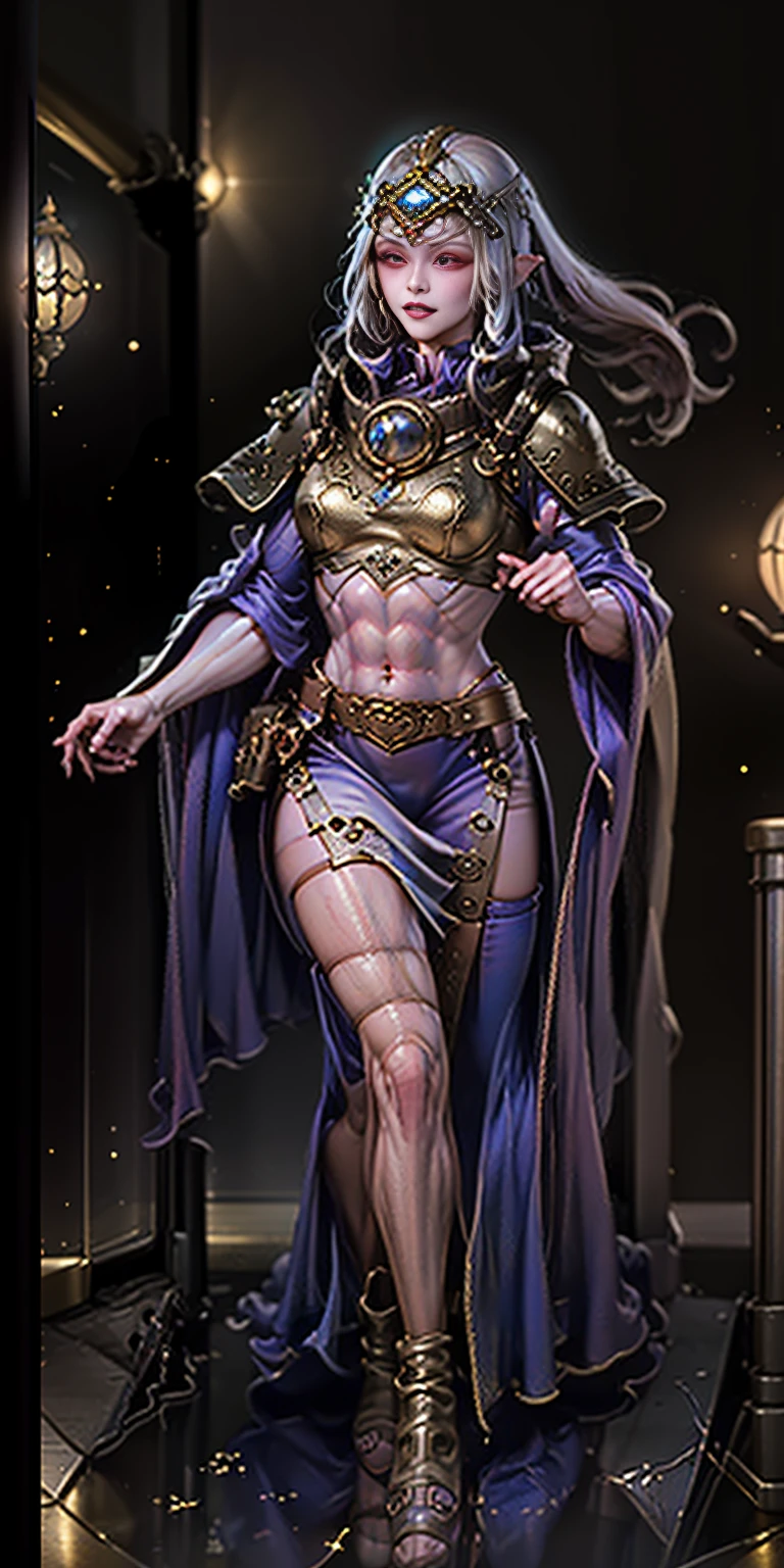 extremely long hair, ponytail, perfect anatomy 1 girl tall solo, slim thick, ((muscular)) high elf toned body, golden breast plate, golden cape, slender abs, hourglass waist, detailed face, defined cheekbones, puffy lips, goldengauntlets, gold crown, shadow over eyes, looking at viewer, masterpiece, white thigh highs lingerie, lustful smirking smile face red blushed red cheeks, 2 high heels feet together