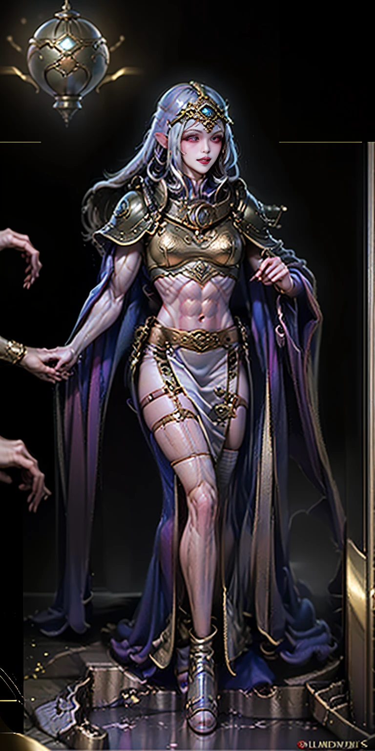 extremely long hair, ponytail, perfect anatomy 1 girl tall solo, slim thick, ((muscular)) high elf toned body, golden breast plate, golden cape, slender abs, hourglass waist, detailed face, defined cheekbones, puffy lips, goldengauntlets, gold crown, shadow over eyes, looking at viewer, masterpiece, white thigh highs lingerie, lustful smirking smile face red blushed red cheeks, 2 high heels feet together